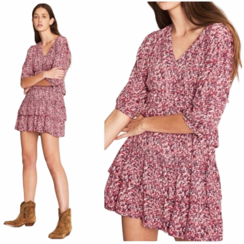 Ba&Sh Nina Dress Pink Floral Tiered Ruffle Puff 3/4 Minidress Size Small